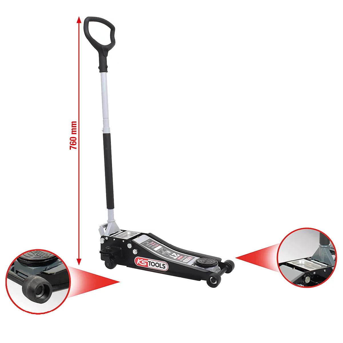 Schwarzer Wagenheber mit weißem Griff, detailliert mit zwei Vergrößerungen. Ein roter Pfeil zeigt die Höhe von 760 mm an.